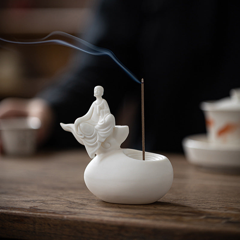 zensoullab Premium White Porcelain Incense Burner Little Monk Incense Holder Home Indoor Zen Style Formless Buddha Ornament Sandalwood Agarwood Aromatherapy Burner
