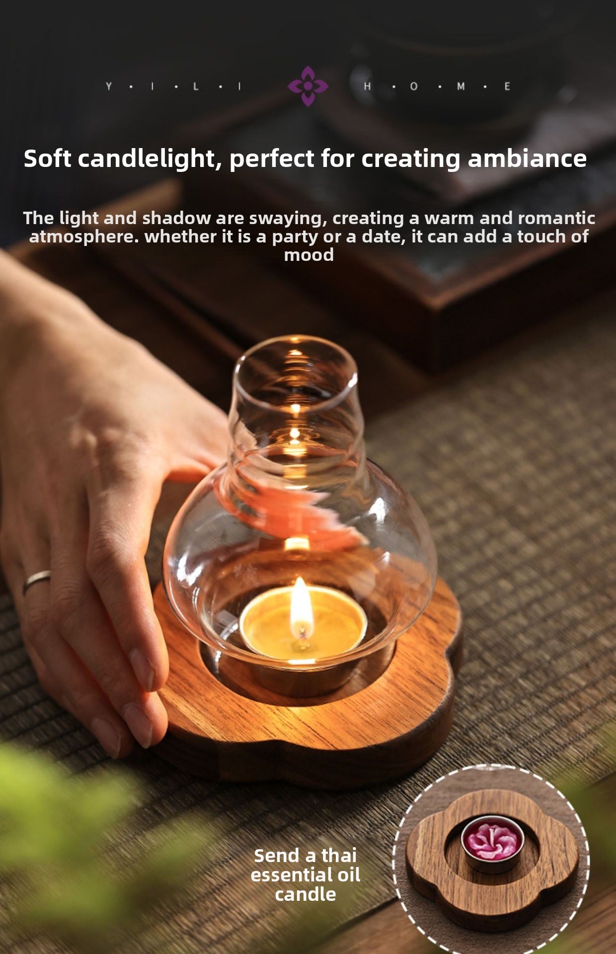 Zensoullab Japanese Style Solid Wood Windproof Glass Lampshade Candlestick Vintage Aromatherapy Candle Light Coffee Table Zen Atmosphere Ornaments