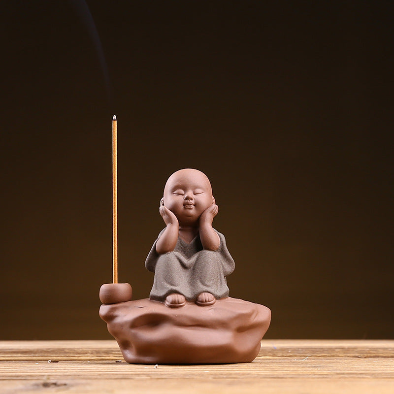 zensoullab Zen Purple Clay Little Monk Incense Holder Ornament for Car, Home, Indoor Living Room, Tea Tabletop, Incense Ceremony, Incense Seat, Incense Burner