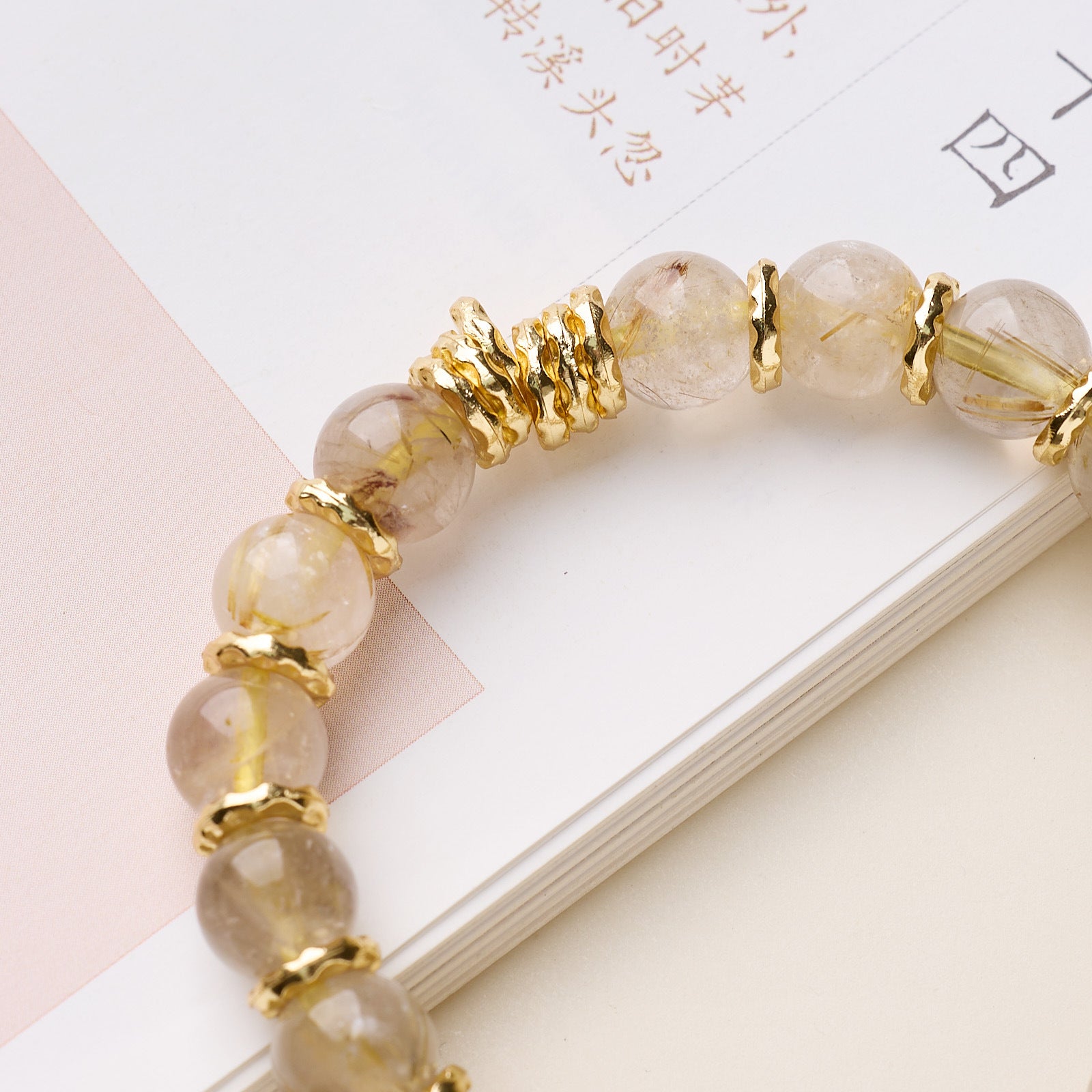 zensoullab Natural 10MM Golden Rutilated Quartz Bracelet for Women, Twisted Good Luck and Peace Lock, High-end Crystal Bracelet