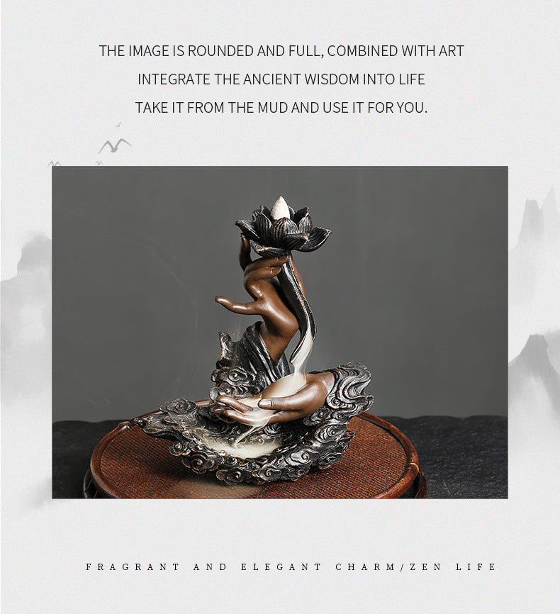 Resin Backflow Incense Burner Ornament Creative Lotus Zen Buddha Hand Backflow Incense Home Craft Decoration