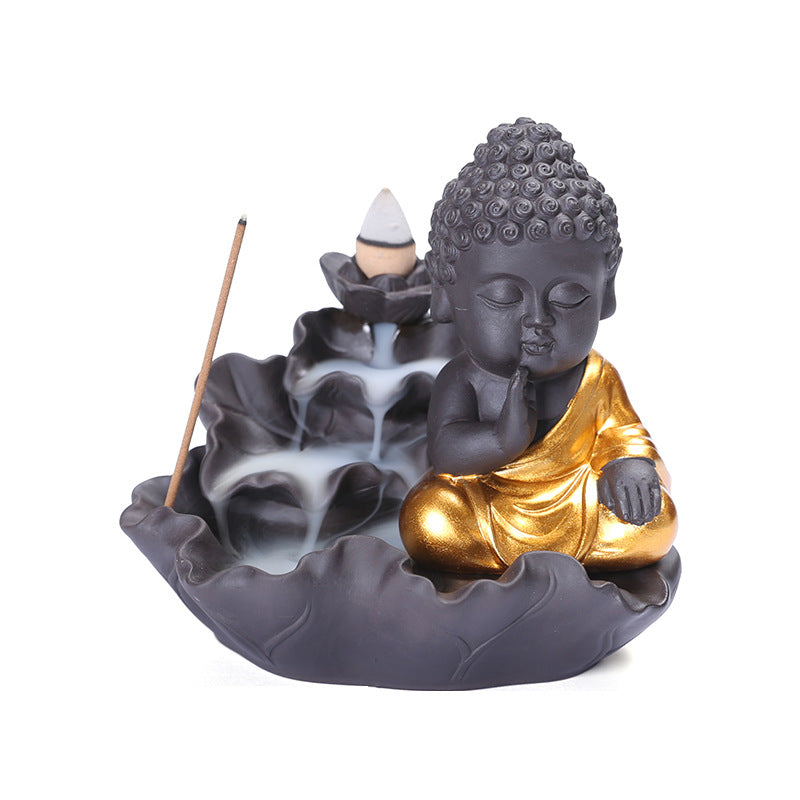 zensoullab Purple Clay Lotus Leaf Backflow Incense Burner Home Decor Creative Lotus Gold-Plated Buddha Incense Backflow Burner