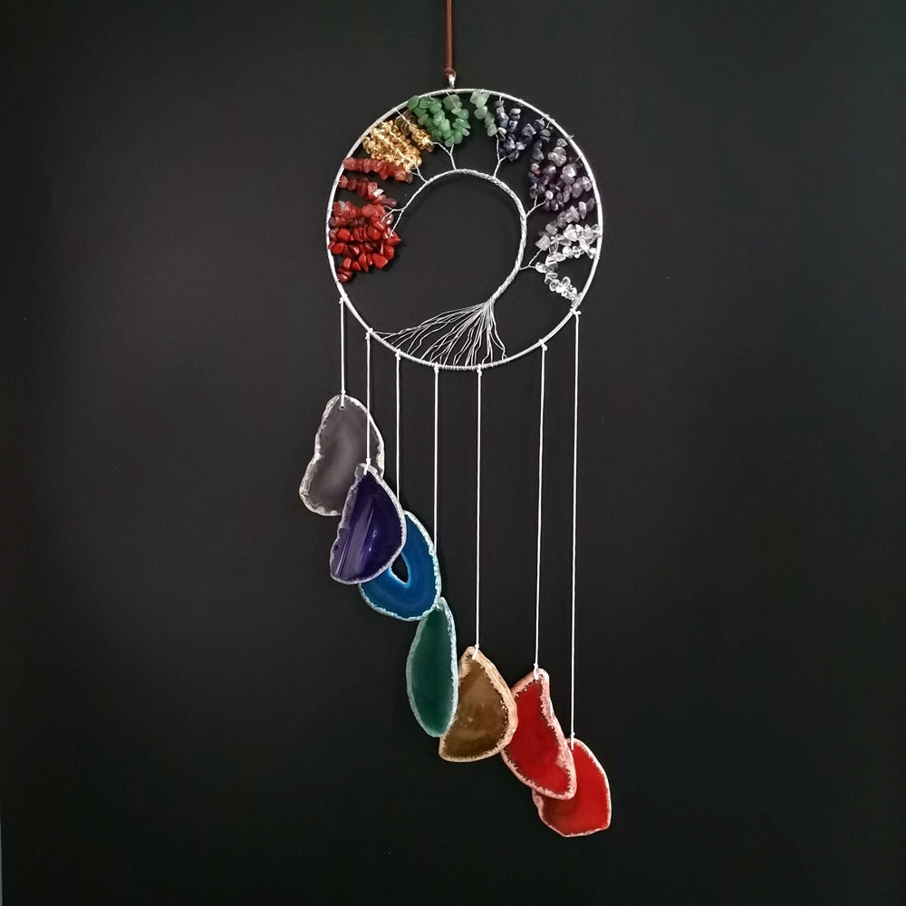 zensoullab Handmade Wrapped Natural Crushed Stone Tree of Life Agate Slice Hanging Ornament Garden Decoration Curtain Pendant