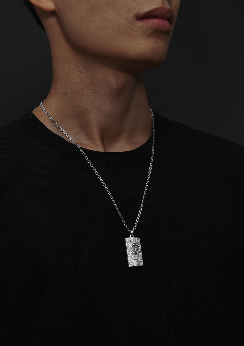 Zensoullab Thai Silver Amulet Necklace Men's Damo Buddha Symbol Pendant Protective Talisman Hanging Ornament Square Plate Pendant for Boyfriend