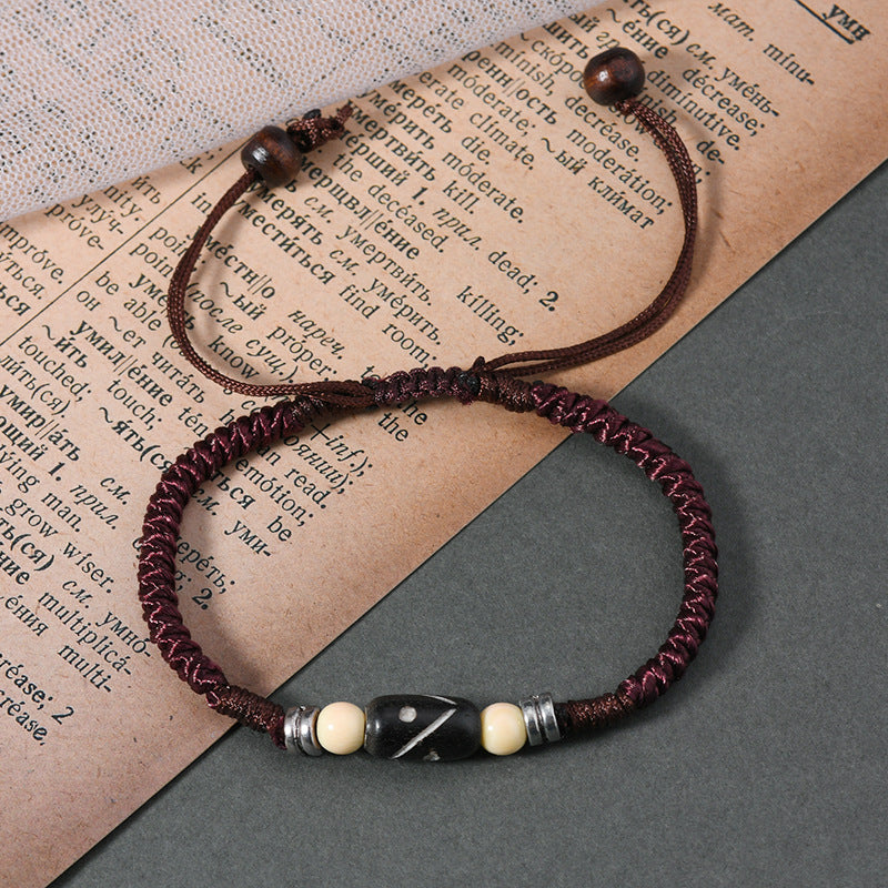 zensoullab Vintage Tibetan Style Ox Bone Dog Tooth Bracelet Carved Dzi Bead Yak Bone Ethnic Style Personality Unisex Bracelet Tourist Spot Jewelry