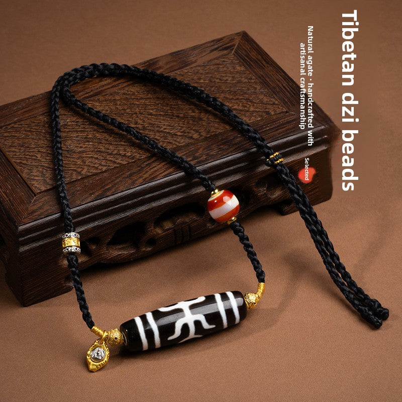 zensoullab Tibetan Nine-Eyed Dzi Bead Necklace with Layered Patina Multi-Totem Agate Pendant Couple Style Woven Necklace