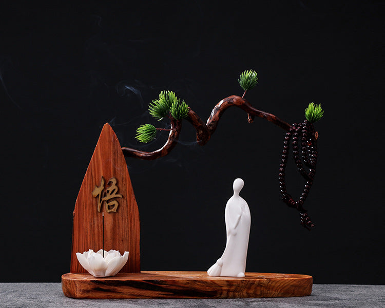 zensoullab Chinese Zen Style Formless Buddha Welcoming Guest Pine Root Carving Set Living Room Wine Cabinet Entrance Ceramic Li Bai Tea Table Home Decor