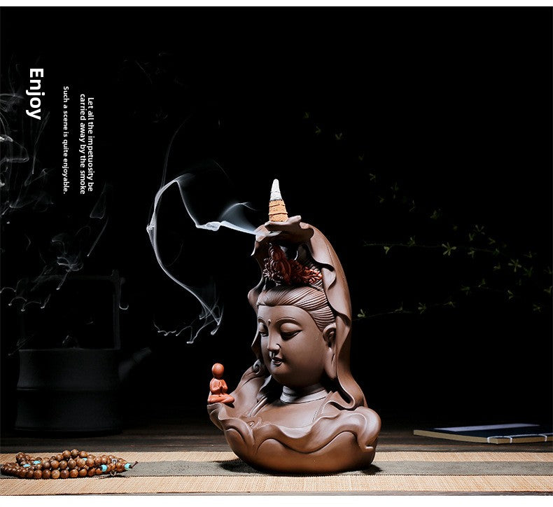 zensoullab Premium Large Ceramic Guanyin Buddha Statue Feng Shui Worship Buddha Hall Living Room Backflow Incense Burner Home Decor Ornament