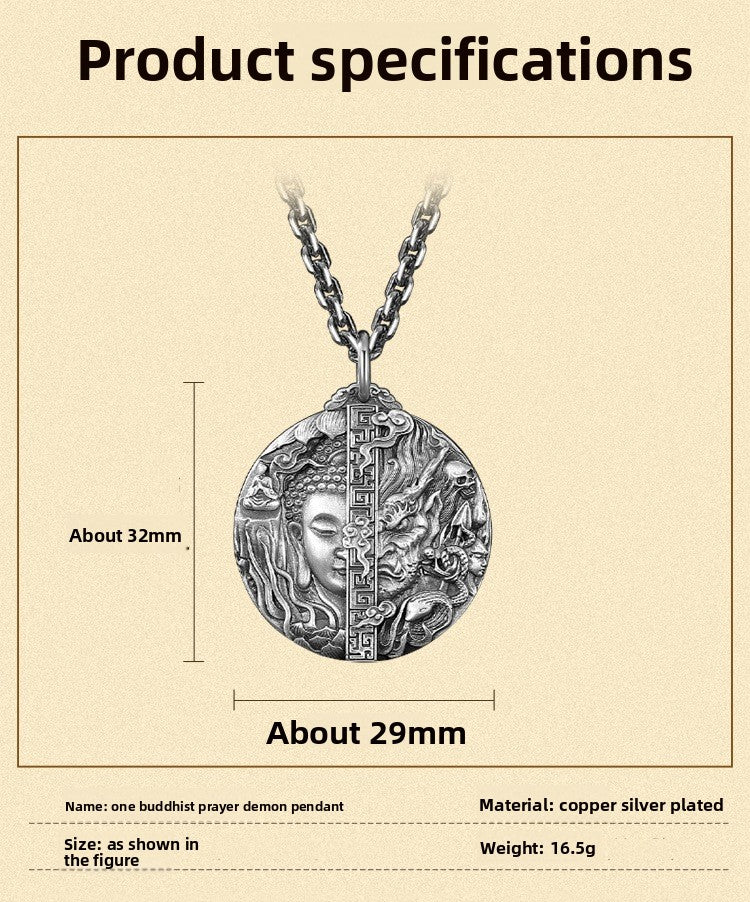 zensoullab Thai Silver Vintage Buddha and Demon One Thought Pendant Men's Solid Vintage Round Large Buddha Pendant Chinese Style Necklace