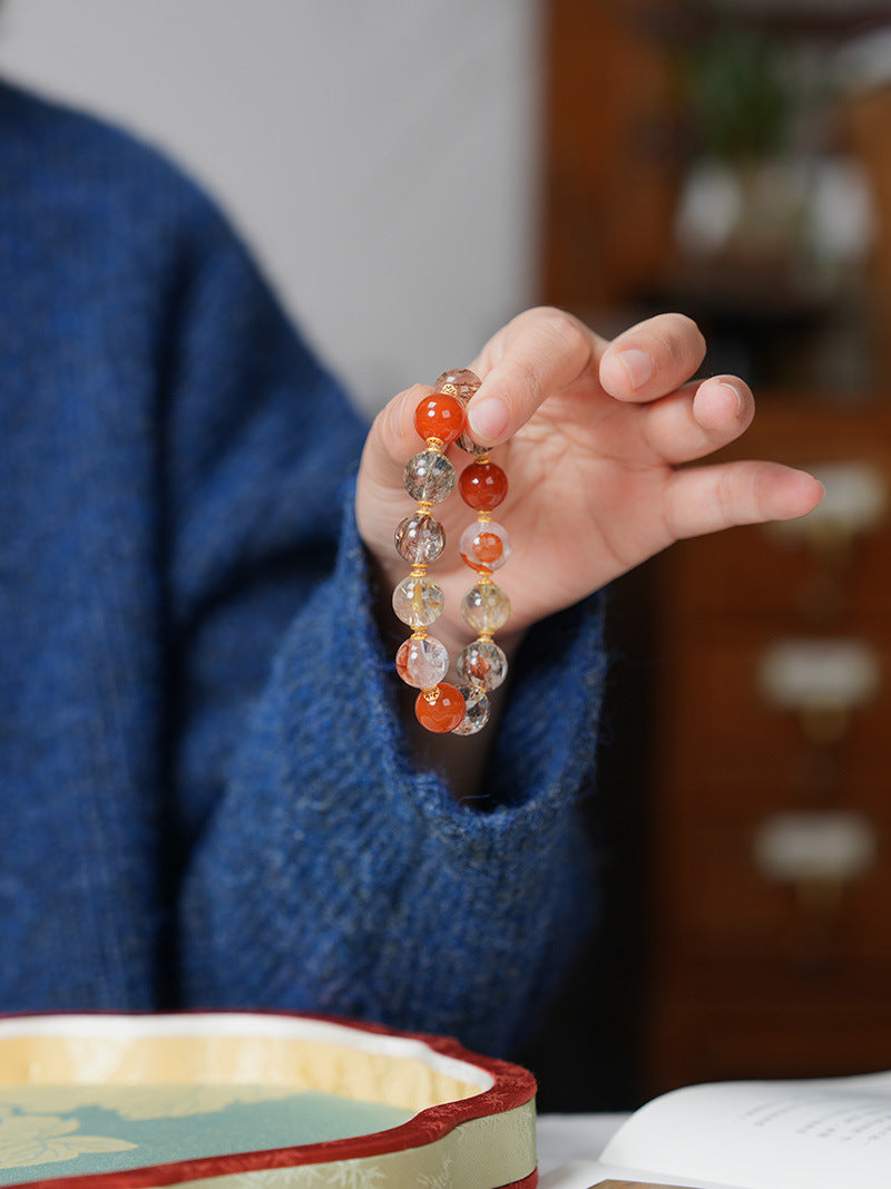 zensoullab Natural Black Gold Super Seven Crystal Bracelet for Women Red Glue Flower Gold Rutilated Quartz Full Flesh Southern Red Multi-Gemstone Bracelet