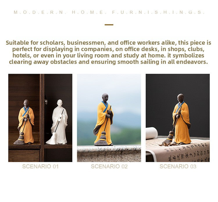 zensoullab Sweeping Monk Ceramic Little Monk Creative Ornament Chinese Style Study Office Zen Desktop Decoration Craft Display