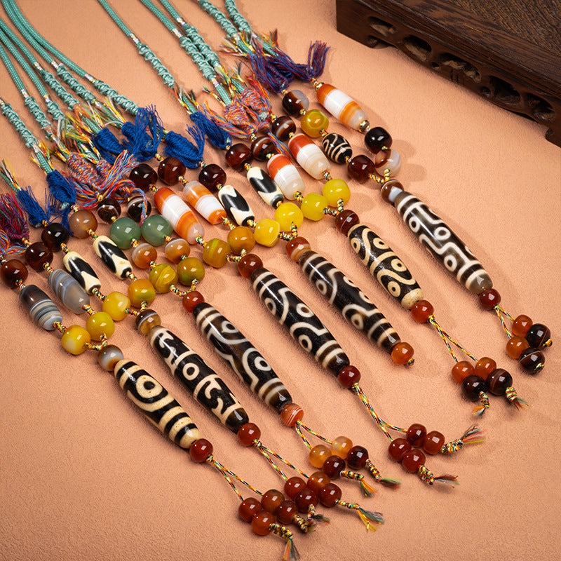 zensoullab Natural Yellow Nine-Eye Dzi Bead Necklace Taiwan Work Agate Pendant Unisex Couple Style Braided Necklace In Stock