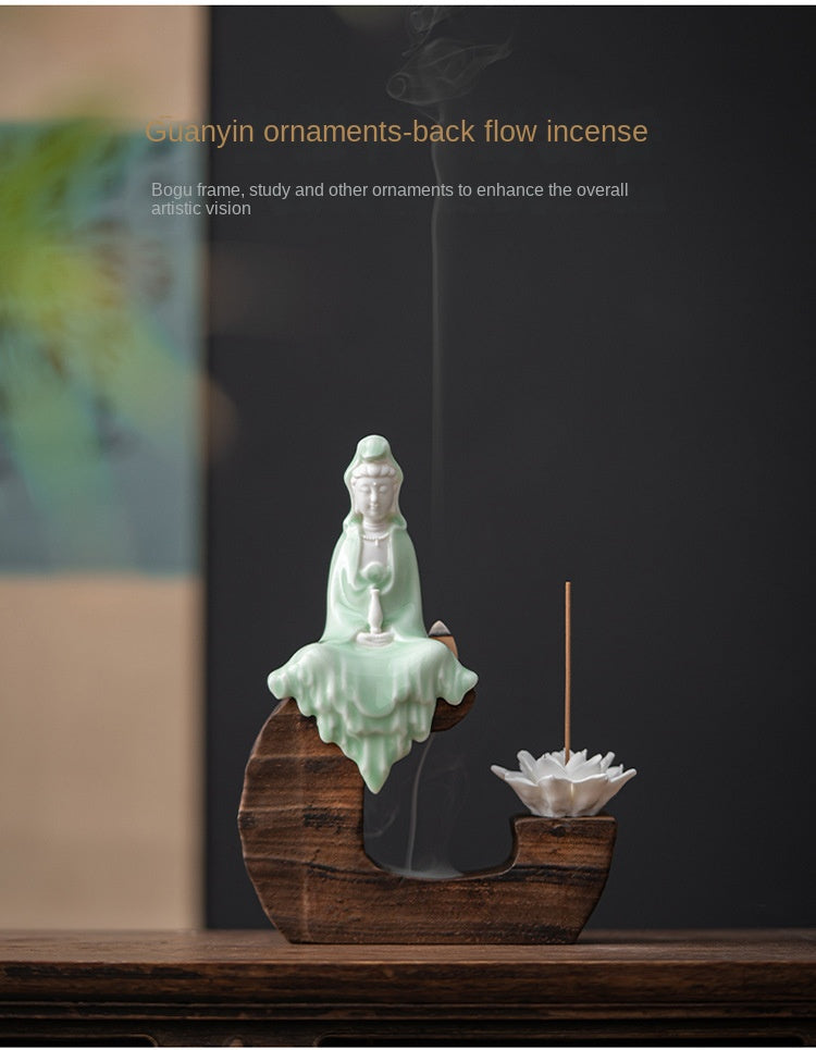 zensoullab Creative Backflow Incense Burner Home Aromatherapy Burner Ceramic Ornament Sandalwood Incense Holder Guanyin Buddha Statue Zen Living Room Decoration
