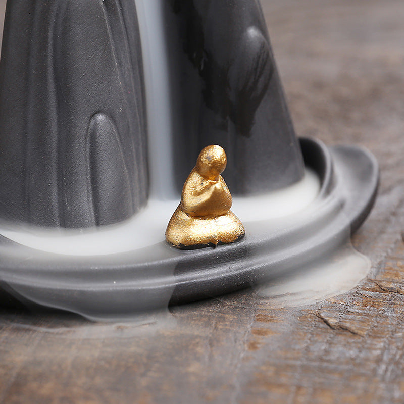 zensoullab Original Purple Clay Backflow Incense Burner Mountain Water Flowing Little Monk Home Decor Ornament Backflow Incense Burner Craft