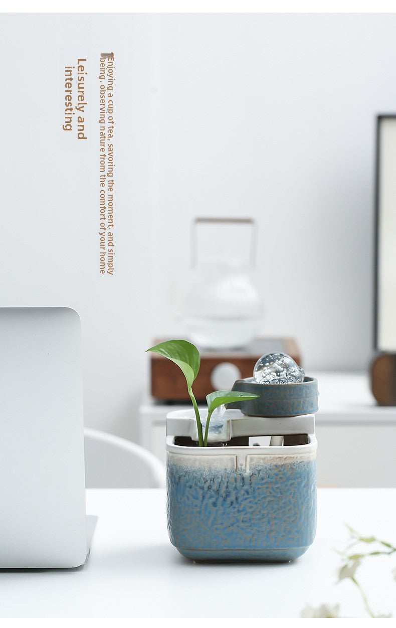 zensoullab Square Pool Desktop Ceramic Flowing Water Ornament Wealth Feng Shui Wheel Fountain Modern Tea Table Tea Desk Circulating Fortune Ball Water Feature