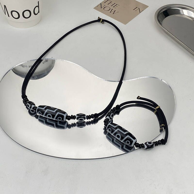 zensoullab New Chinese Style Nine-Eyed Dzi Bead Necklace for Men and Women Simple Versatile High-End Ethnic Style Niche Design Adjustable Necklace