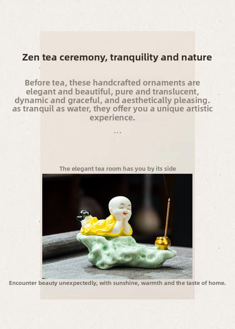 zensoullab Zen Ceramic Little Monk Incense Holder Tea Ceremony Ornament for Home Living Room Indoor Tea Room Sandalwood Sitting Incense Dragging Incense Burner