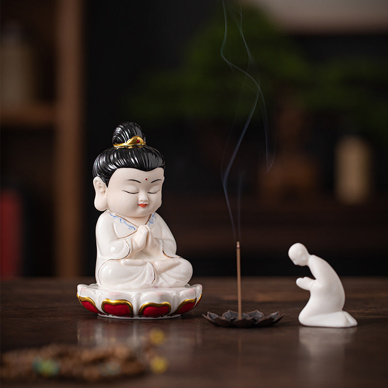 zensoullab Zen Style Chinese Ceramic Three Saints Buddha Guanyin Ksitigarbha Desktop Small Ornaments Creative Home Living Room Household Decorations