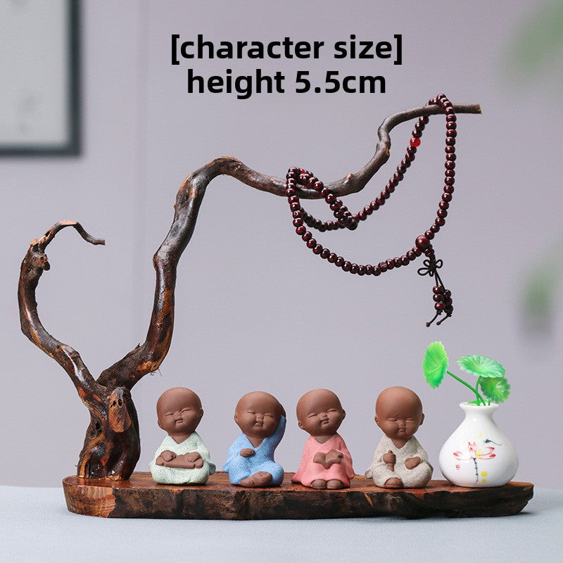 zensoullab Zen New Chinese Style Root Carving Set Ornament Purple Clay Little Monk Living Room TV Cabinet Tea Table Entrance Creative Decoration