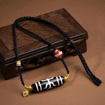 zensoullab Tibetan Nine-Eyed Dzi Bead Necklace with Layered Patina Multi-Totem Agate Pendant Couple Style Woven Necklace