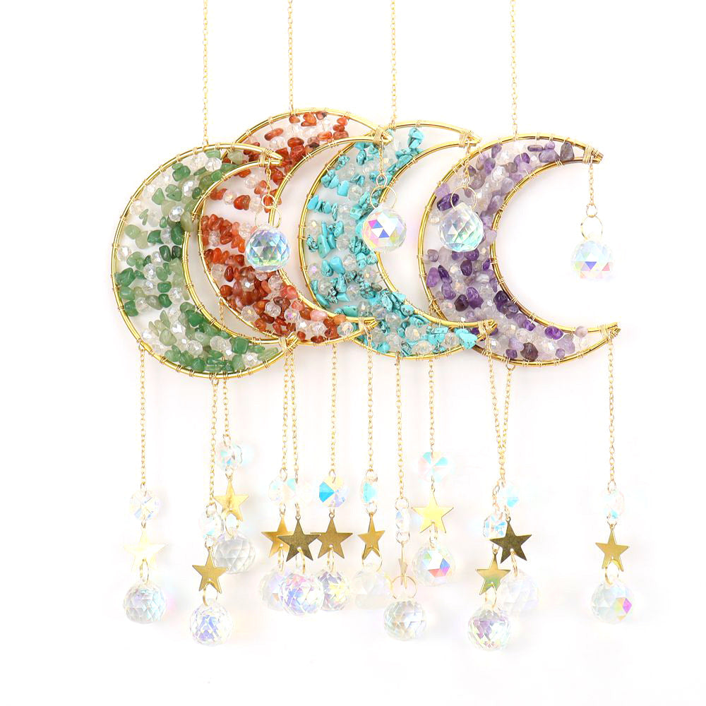 zensoullab Handmade Beaded Natural Crystal Crushed Stone Moon Star Wind Chime Craft Decoration Pendant Sun Catcher