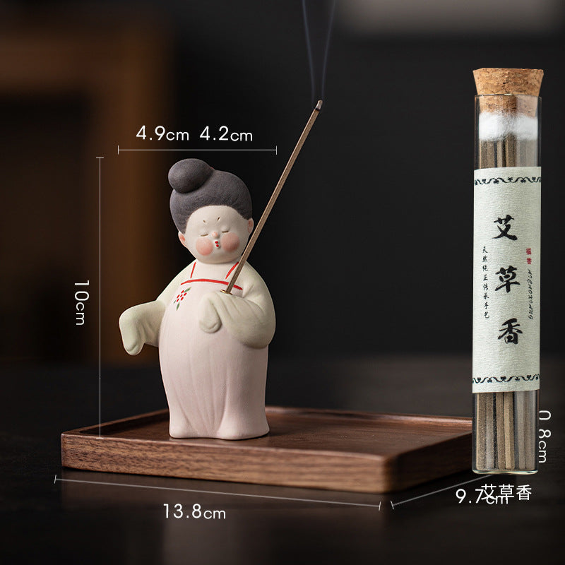 zensoullab Ancient Style Tang Dynasty Female Figure Ceramic Incense Burner Zen Incense Holder Incense Stand Chinese Tea Table Incense Ceremony Incense Burner Incense Burner Ornament