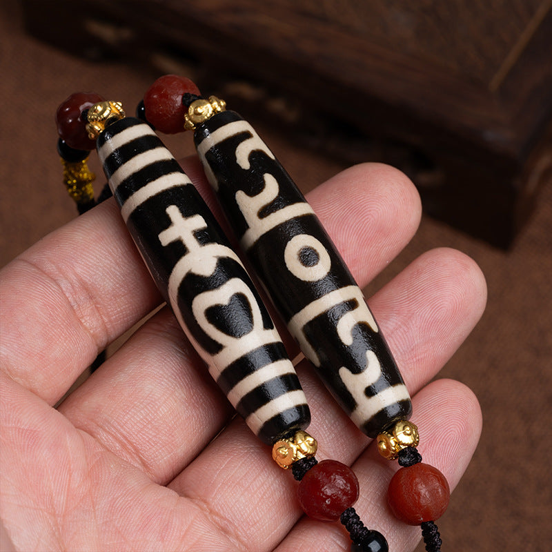 zensoullab Natural Tibetan Guru Rinpoche Three-Eyed Dzi Bead Necklace Agate Pendant Unisex Braided Necklace In Stock