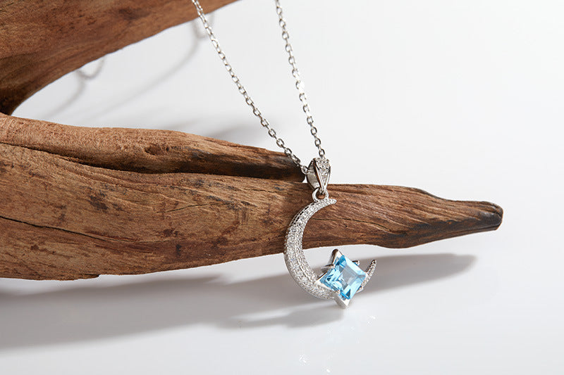zensoullab Moon Niche Design S925 Sterling Silver Inlaid Natural Topaz Gemstone Necklace for Women Fashion Jewelry