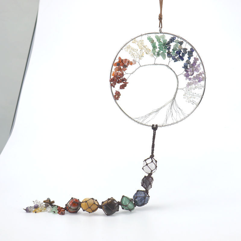 zensoullab7 Colorful Stone Seven Colors Crystal Raw Stone Hand-woven Pendant Natural Stone Tree of Life Car Hanging Dream Catcher Ornament