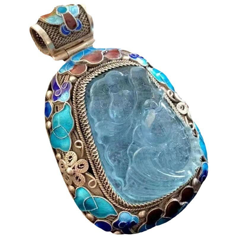 zensoullab Prosperous Year After Year Filigree Inlaid High-end Aquamarine Pendant for Women Handmade Vintage Court Style Retro Trend