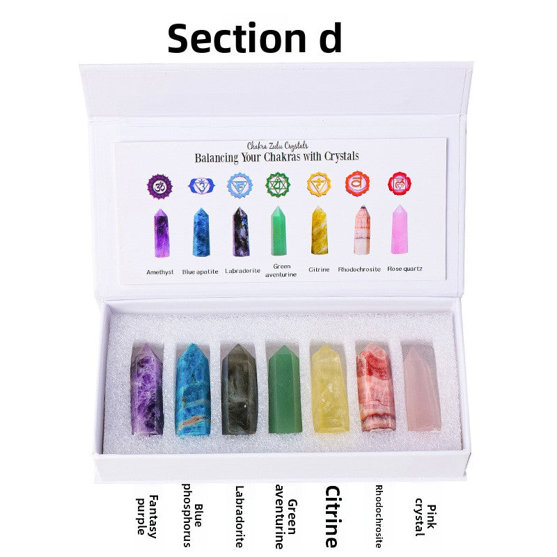 zensoullab Natural Crystal Agate Jade Hexagonal Single Pointed Column Set Box Seven Colors Demagnetization Yoga Ore Gemstone Set
