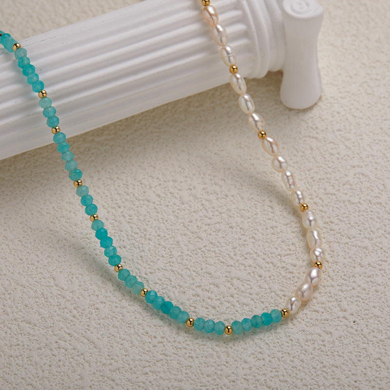 zensoullab S925 Sterling Silver Natural Amazonite and Freshwater Pearl Gemstone Necklace for Women, Niche Vintage Beaded Patchwork