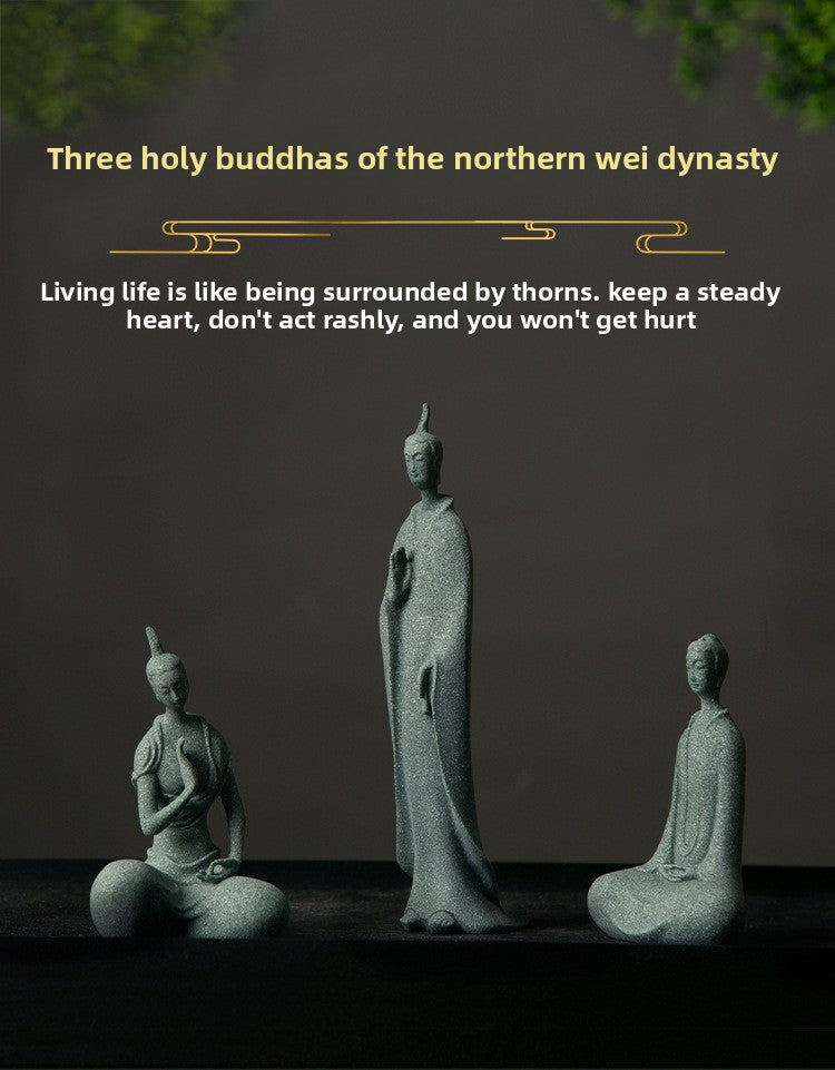 zensoullab Green Sandstone Northern Wei Dynasty Three Saints Buddha Statue Zen Carving Craftwork Tathagata Buddha Shakyamuni Desktop Tea Ceremony Ornament