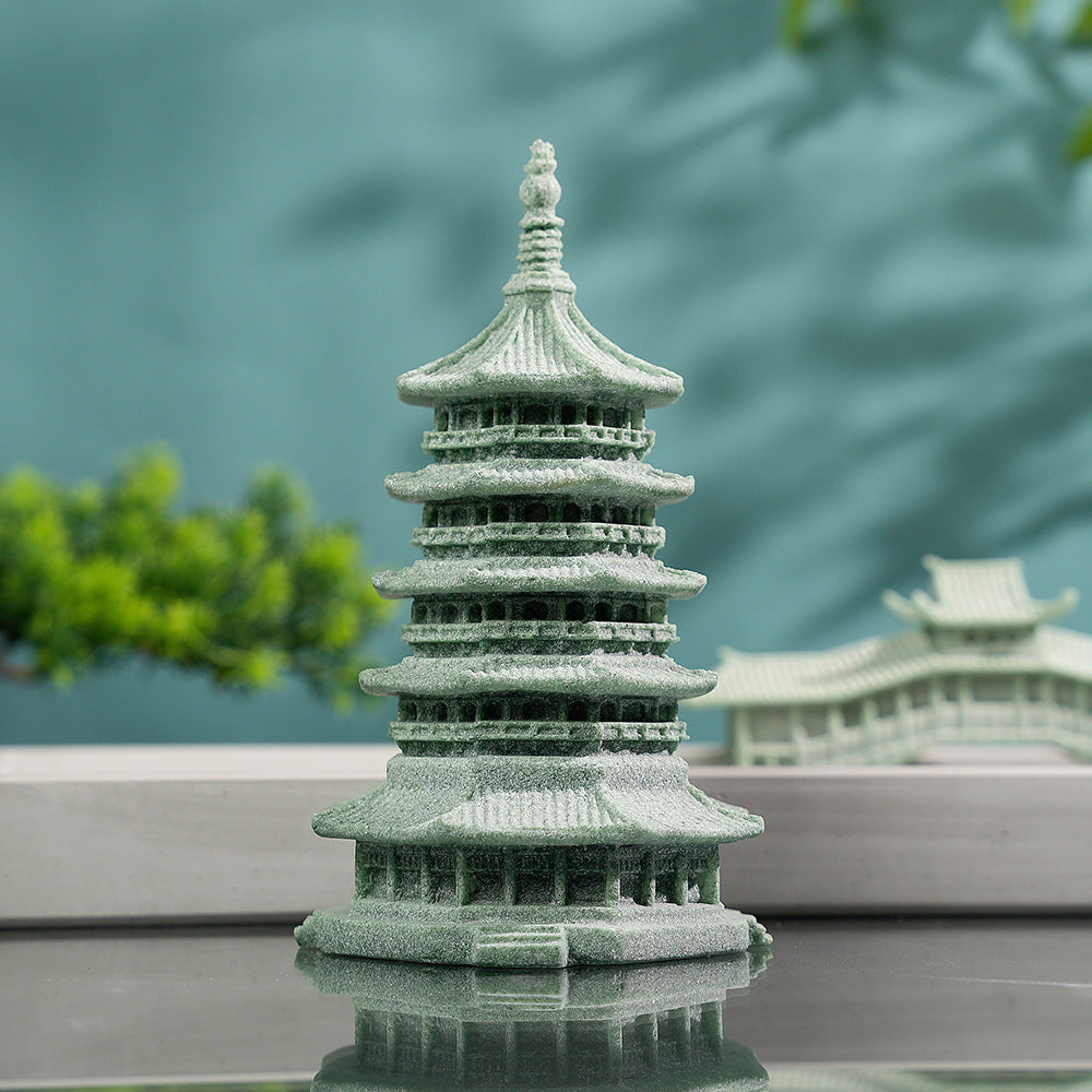 zensoullab Green Sandstone Lei Feng Pagoda Ornament Rockery Fish Tank Micro Landscape Aquascape Bonsai Flowing Water Decoration Ancient Style Home Decor