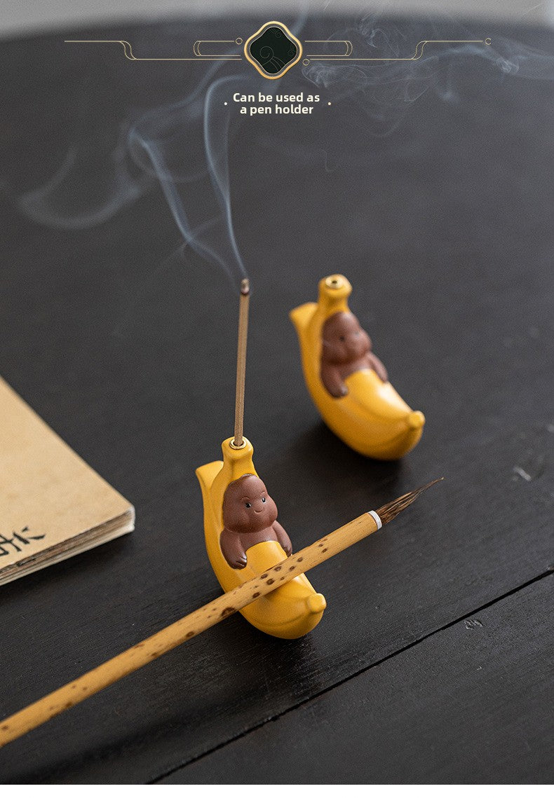 zensoullab Ceramic Banana Incense Burner for Home Use, Indoor Incense Holder, Zen Tea Ceremony Aromatherapy Burner