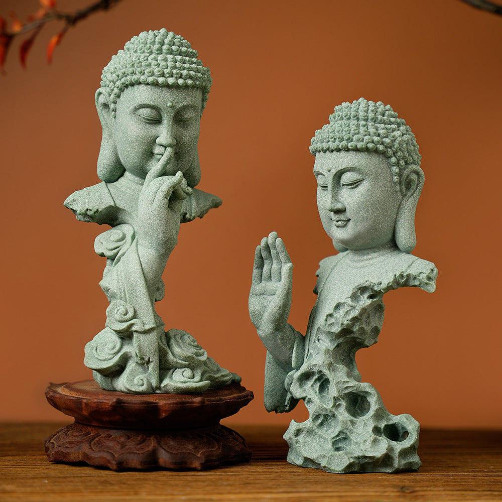 zensoullab Green Sandstone Imitation Stone Carving Buddha Statue Craft Ornament Creative Retro Desktop Buddhist Zen New Chinese Style Living Room Decoration