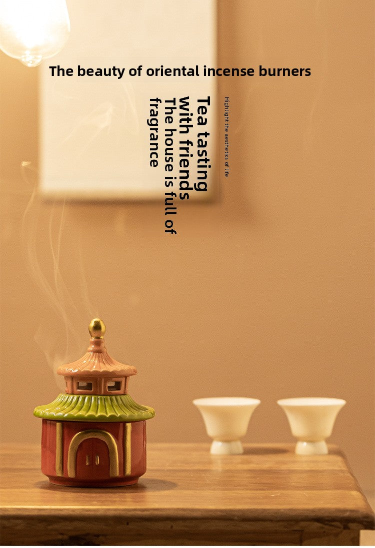 zensoullab Creative New Chinese Style Ceramic Temple of Heaven Small Incense Burner Aromatherapy Burner Ornament for Home Indoor Sandalwood Coil Incense Holder Incense Tray