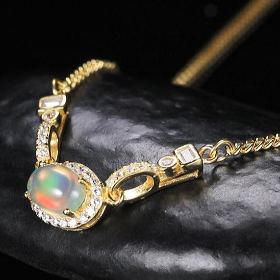 zensoullabs 925 Sterling Silver Inlaid Natural Opal Cabochon Pendant for Women Vintage Light Luxury Palace Style Necklace Accessory