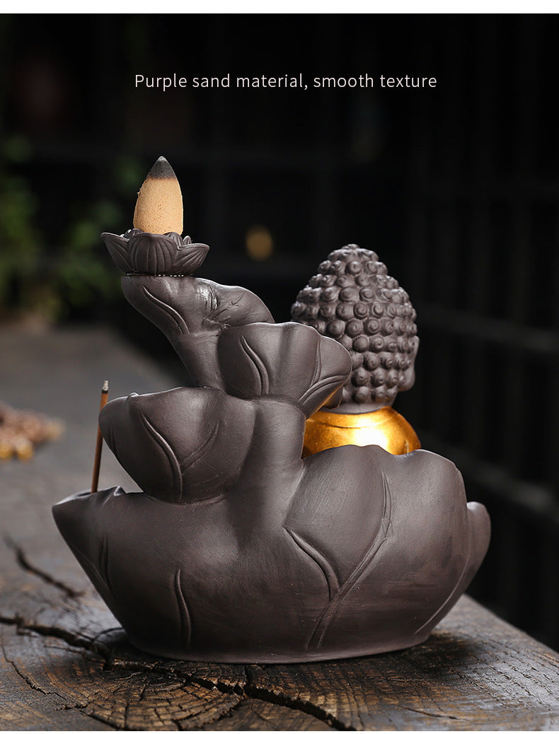 zensoullab Purple Clay Ceramic Backflow Incense Burner Crafts Creative Lotus Leaf Buddha Statue Small Novice Incense Burner Ornament