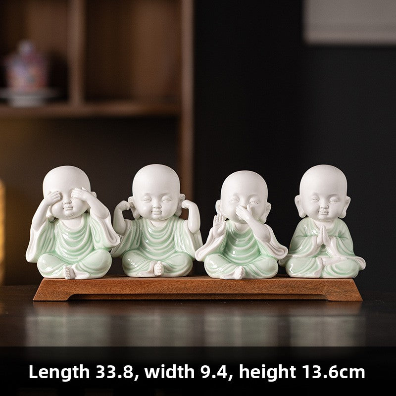 zensoullab Chinese Zen Style Four Little Monks Figurines Ceramic Characters Buddhist Home Living Room Curio Cabinet Decorations Micro Landscape