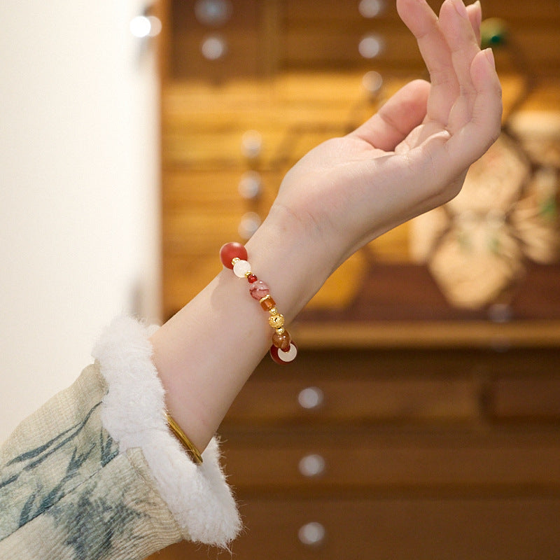 Zensoullab Natural Frosted Red Agate Red Sealant Flower Duobao Crystal Bracelet Lucky Koi Plastic Flower Bracelet for Women