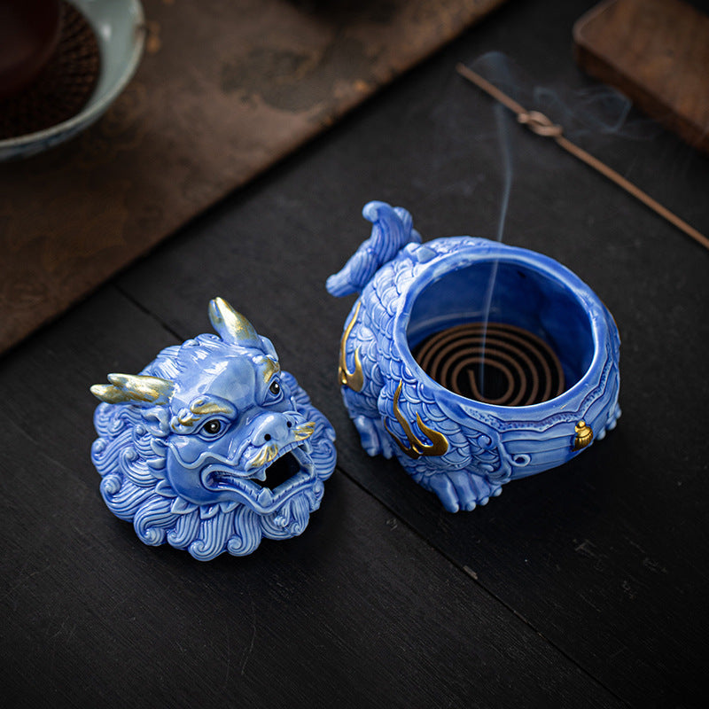 Zensoullab Creative Ceramic KIRIN Incense Coil Burner Home Indoor Auspicious Beast Incense Burner Sandalwood Agarwood Point Incense Box Desktop Incense Ceremony Decoration