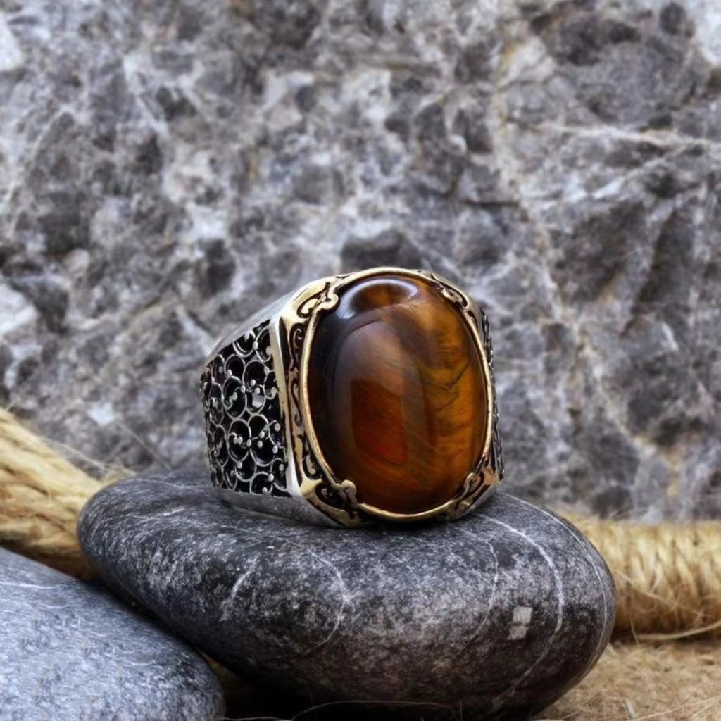 zensoullab Turkish B Handmade Vintage Exquisite Cabochon Brown Open Natural Tiger Eye Stone Carved Ring