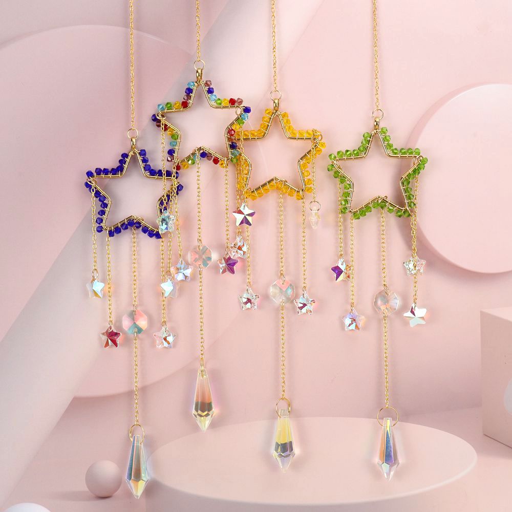 zensoullab Handmade Silk-wrapped Moon Star Crystal Sun Catcher Curtain Hanging Ornament Garden Decoration