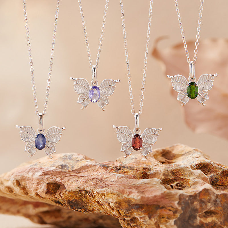 zensoullab Butterfly Style Gemstone Necklace Women's Jewelry Set S925 Sterling Silver Inlaid with Natural Sapphire Tanzanite