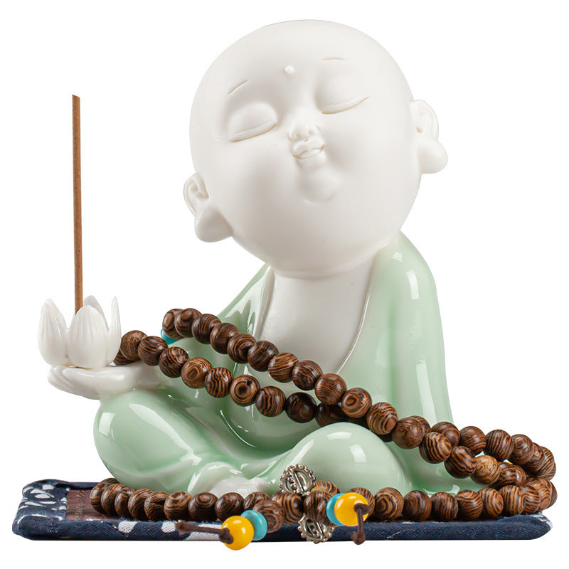 Zensoullab Creative Chinese Ceramic Ornaments Household Line Aromatherapy Stove Samanera Little Monk Incense Holder Incense Burner Tray Sandalwood Holder Indoor
