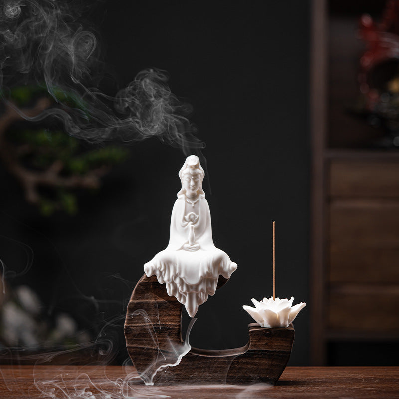 zensoullab Creative Backflow Incense Burner Home Aromatherapy Burner Ceramic Ornament Sandalwood Incense Holder Guanyin Buddha Statue Zen Living Room Decoration