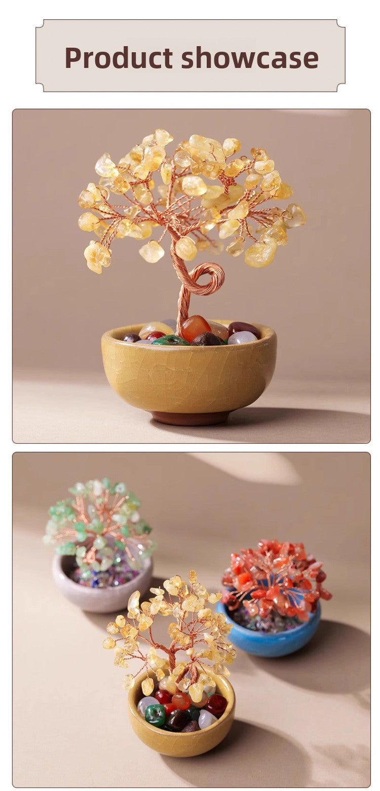 zensoullab Natural Yellow Crystal Wealth Tree Tea Cup Base Treasure Bowl Crystal Tree Crystal Money Tree Desktop Wealth-Attracting Ornament