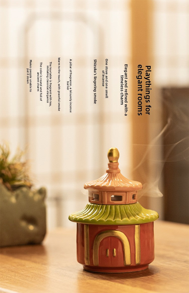 zensoullab Creative New Chinese Style Ceramic Temple of Heaven Small Incense Burner Aromatherapy Burner Ornament for Home Indoor Sandalwood Coil Incense Holder Incense Tray