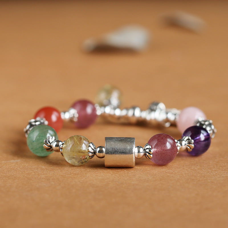 zensoullab Natural Multi-Gemstone Crystal Bracelet S925 Silver Lotus Tassel Bracelet Crystal Beaded Bracelet